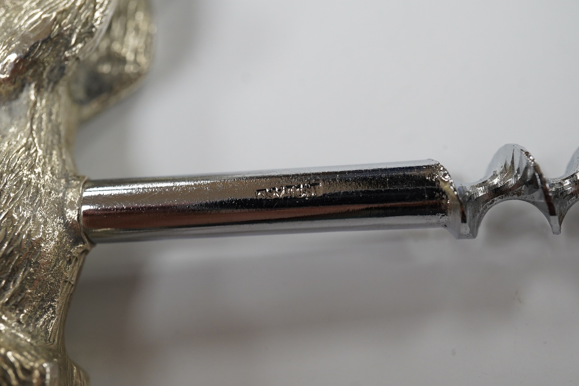 An Elizabeth II novelty silver corkscrew, the handle modelled as a running fox, J.B. Chatterley & Sons, Birmingham, 1968, fox length 85mm. Condition - good